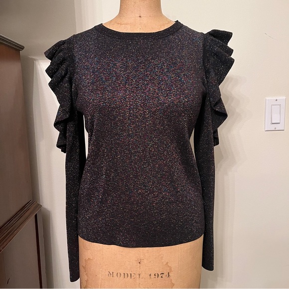 Sunset + Spring Metallic Ruffed Cold Shoulder Sweater Top - Picture 1 of 7